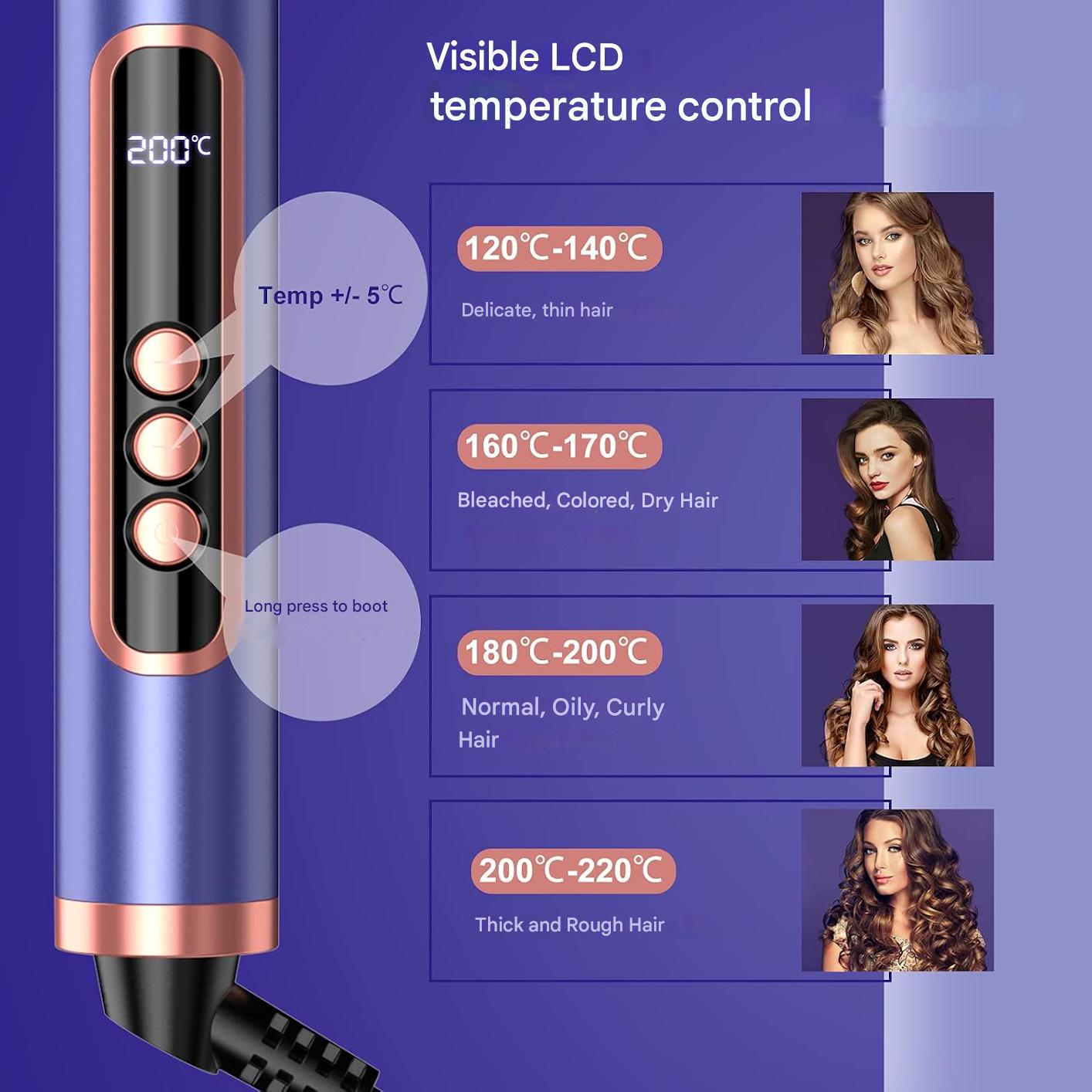 Ondulator profesional 5 in 1 cu 3 cilindri si 4 capuri diferite, turmalina ceramica, display LCD, temperatura reglabila 80-230°C, sistem incalzire rapida PTC, multifunctional