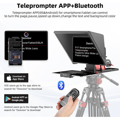 Kit teleprompter de 15 inch, pentru camere DSLR, cu telecomanda, compatibil cu smartphone si tableta pana la 15.3 inch, din metal, din metal, cu montura 1/4 inch si geanta de depozitare si transport