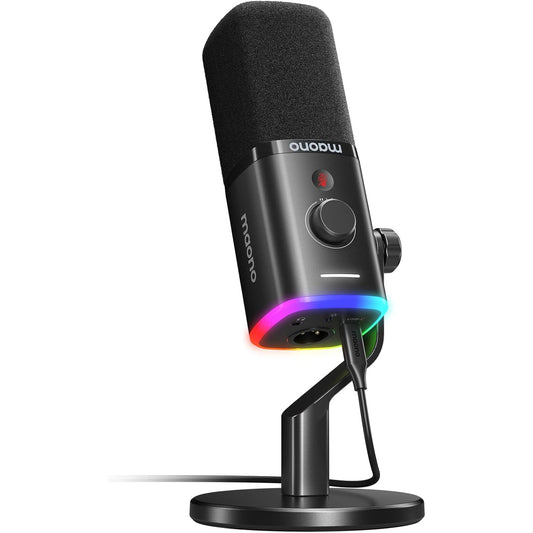 Microfon de gaming MAONO PD100X XLR/USB, dinamic cu anulare dubla a zgomotului, iluminare RGB, buton mute si software, pentru streaming, podcast, studio, compatibil PC, PS4/PS5, Mac, negru