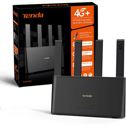 Router 4G+ LTE Tenda 4G08, Dual-Band AC1200, Cat6 pana la 300 Mbps, Slot Nano SIM, 4 antene externe, porturi Gigabit LAN/WAN, MU-MIMO, Mesh WiFi+, OpenVPN, Plug & Play, control prin aplicatie, negru