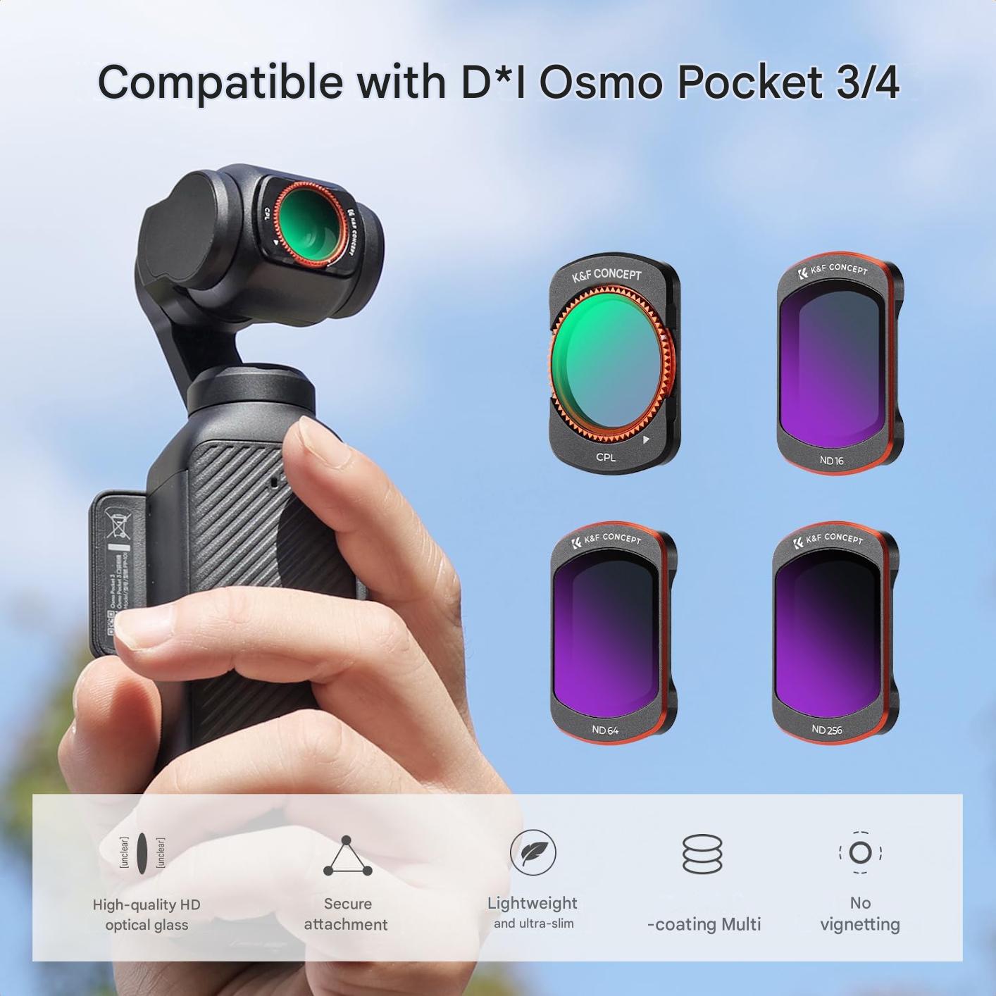Set filtre magnetice K&F CONCEPT FD161 pentru DJI Osmo Pocket 3/4, 4 buc CPL, ND16, ND64, ND512, sticla optica, cadru aluminiu, montare magnetica rapida, reduc reflexii, control lumina, accesorii profesionale foto-video gimbal DJI