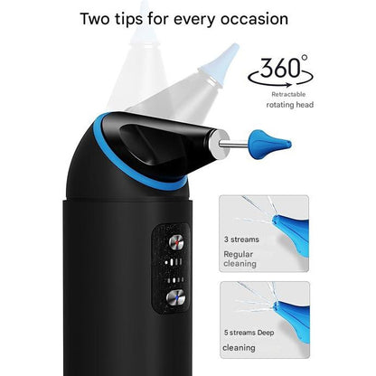 Aparat de curatat urechile, electric, indeparteaza eficient ceara, 55 dB, rezervor de 200 ml, cu 4 moduri irigare, impermeabil IP65, baterie reincarcabila de 2000 mAh, cap rotativ la 360°, cu 8 capete de schimb si 2 duze