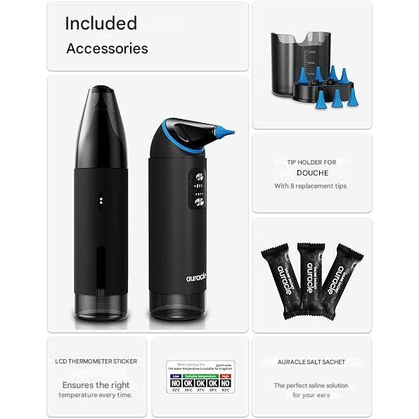 Aparat de curatat urechile, electric, indeparteaza eficient ceara, 55 dB, rezervor de 200 ml, cu 4 moduri irigare, impermeabil IP65, baterie reincarcabila de 2000 mAh, cap rotativ la 360°, cu 8 capete de schimb si 2 duze