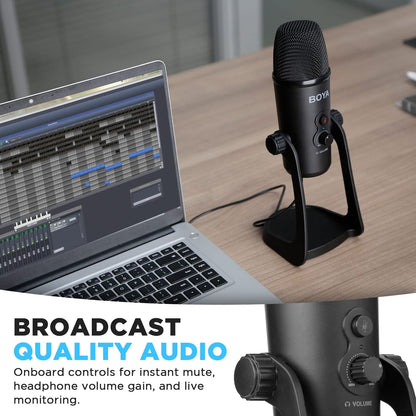 Microfon cu condensator BOYA BY-PM700, cu buton selectie polaritate Cardioid/Bidirectional/Omnidirectional/Stereo, cu stand, buton mute, iesire casti si surub mama 5/8", pentru PC