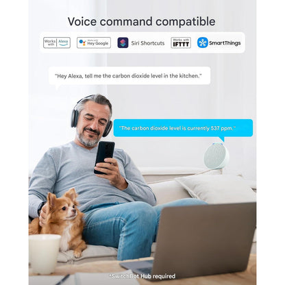 Detector de CO2 WLAN SwitchBot cu termometru-higrometru IP65, senzor CO2 cu aplicatie, alarma, stocare date 2 ani si Bluetooth