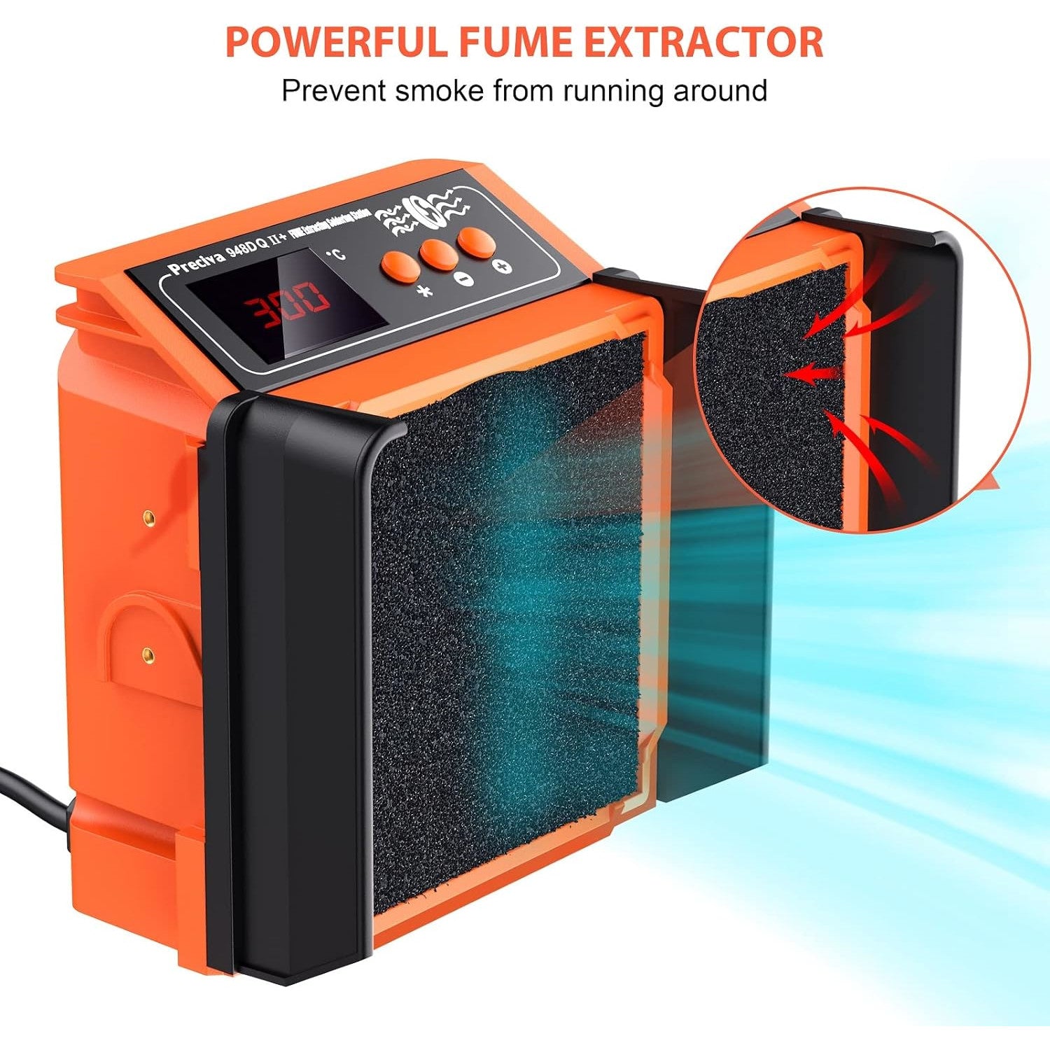 Statie de lipit 2 in 1 cu Extractor fum, Afisaj LCD, 200-480°C, Letcon, 8 filtre cu carbon activ, 5 capuri lipire, 2 cleme de fixare, Mod standby, Preciva 948DQ-I