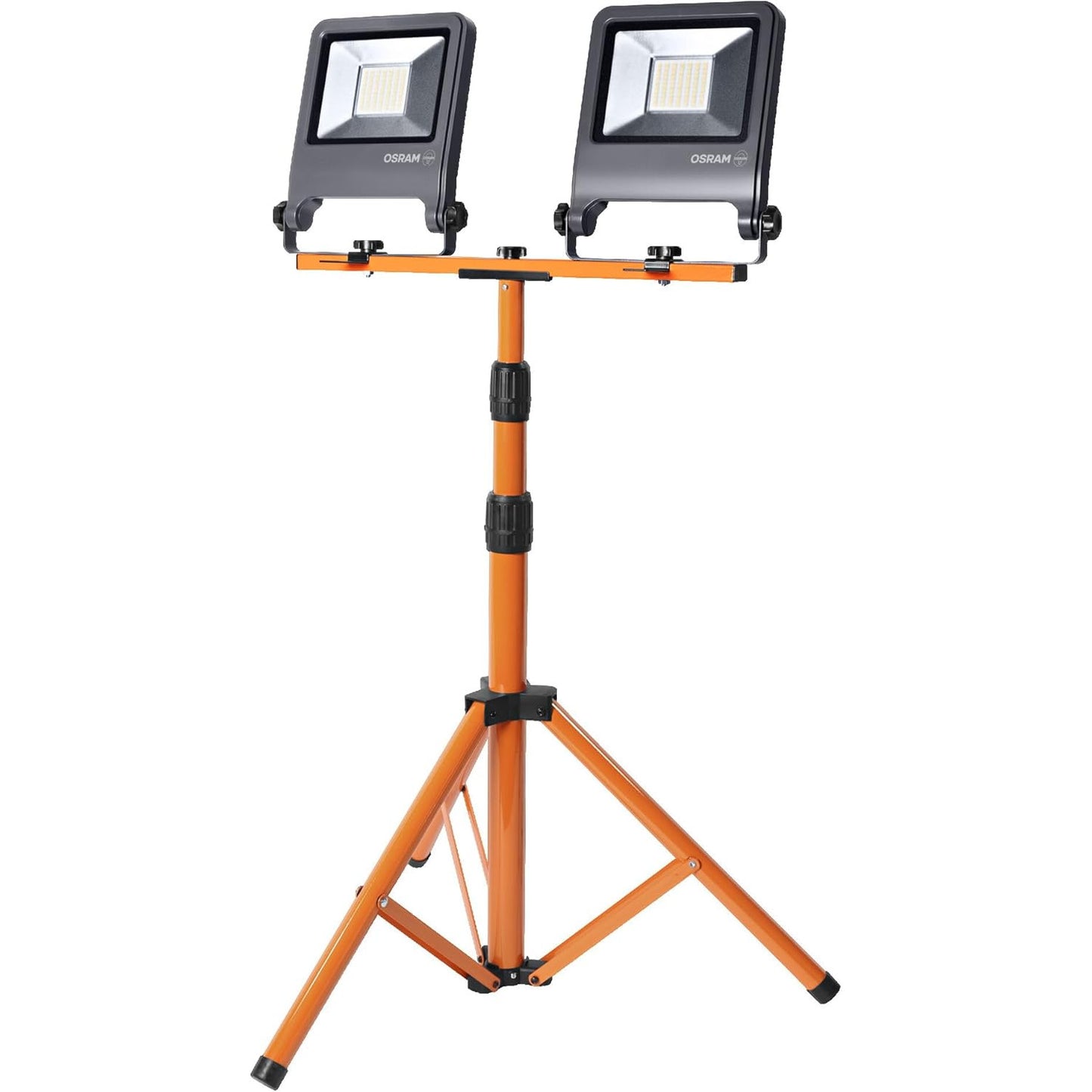 Proiector LED OSRAM cu trepied, 2 x 50W, 9000 lm, alb rece 4000K, CRI ≥80, inaltime reglabila pana la 1, 8 m, capete duble rotative 360°/180°, IP65, carcasa din aluminiu si otel, lumina puternica pentru santier, atelier si lucrari profesionale