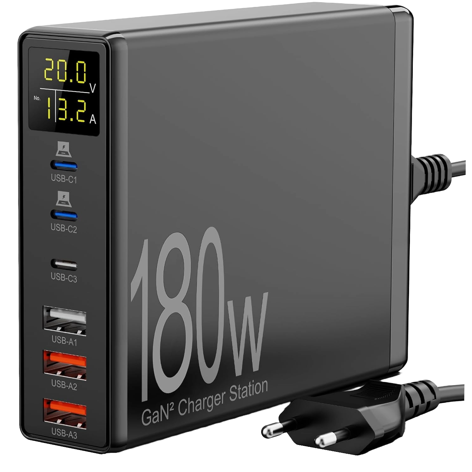 Incarcator retea 180W GaN, cu display LCD, 6 porturi de incarcare, 3 USB-A si 3 USB-C 65W, protectie la supracurent, supraincalzire, supratensiune, pentru MacBook, iPad, iPhone 14/13/12/Pro/Max, Samsung Galaxy S22