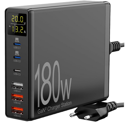 Incarcator retea 180W GaN, cu display LCD, 6 porturi de incarcare, 3 USB-A si 3 USB-C 65W, protectie la supracurent, supraincalzire, supratensiune, pentru MacBook, iPad, iPhone 14/13/12/Pro/Max, Samsung Galaxy S22