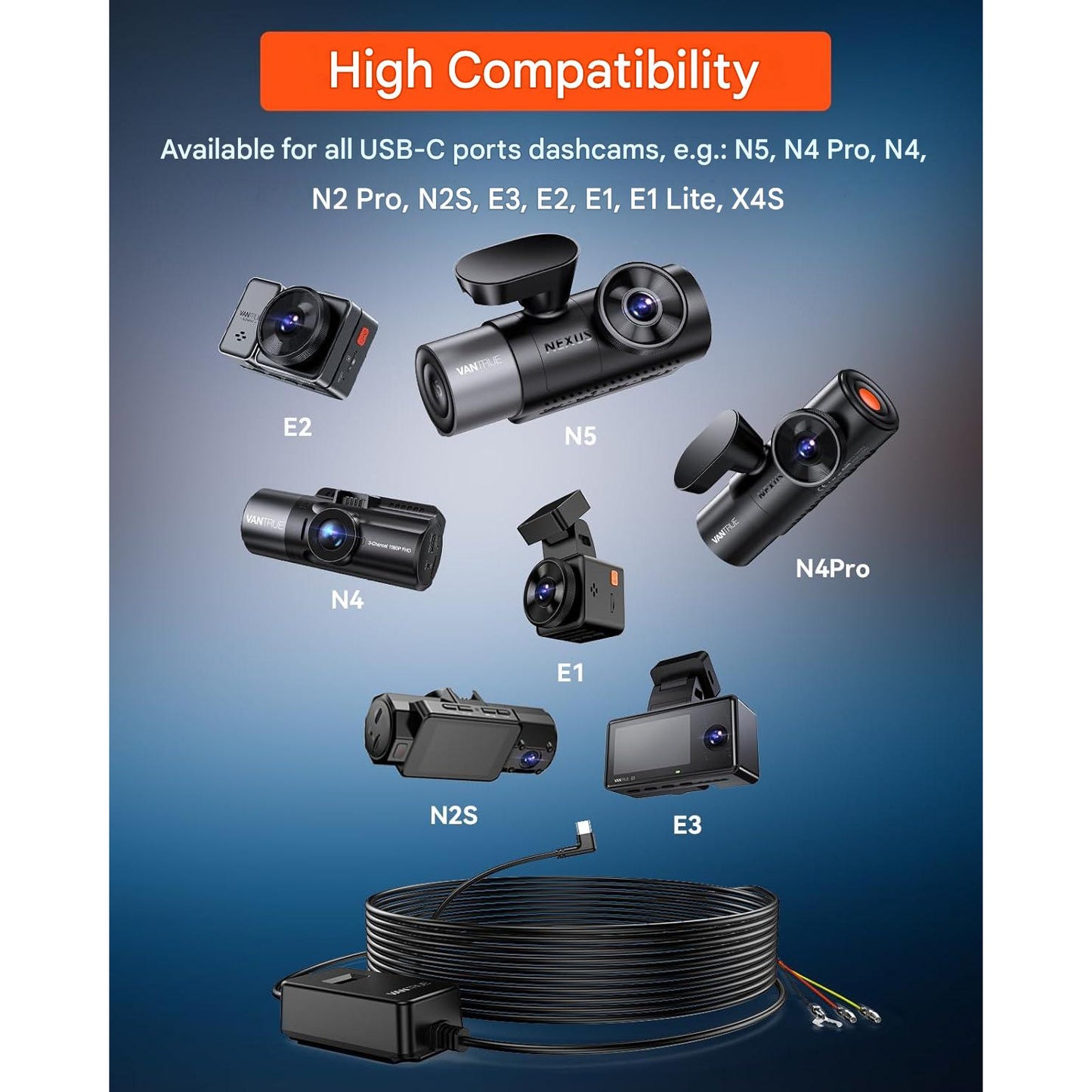Kit cablu USB-C pentru camera de bord VanTrue, alimentare fixa hardwire 12V/24V la 5V, mod parcare 24/7, protectie la descarcare baterie, afisaj tensiune in timp real, compatibil dashcam si GPS