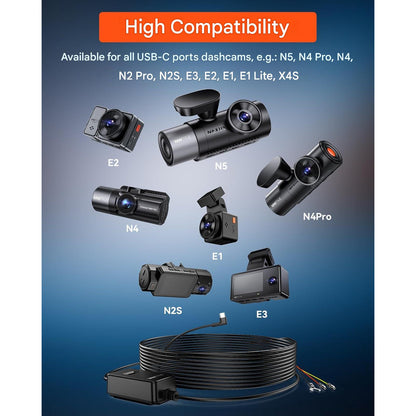 Kit cablu USB-C pentru camera de bord VanTrue, alimentare fixa hardwire 12V/24V la 5V, mod parcare 24/7, protectie la descarcare baterie, afisaj tensiune in timp real, compatibil dashcam si GPS