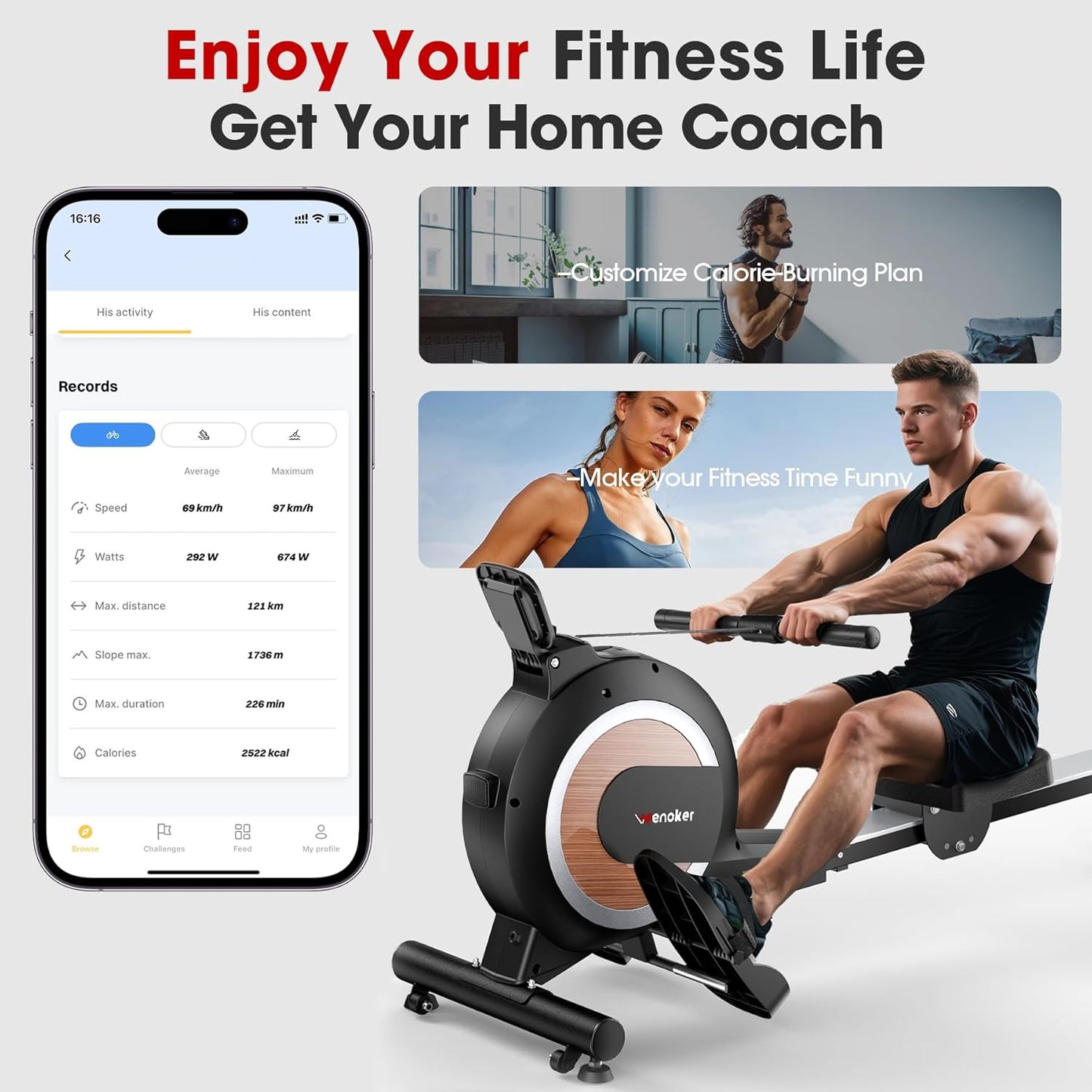 Aparat de vaslit cu sarcina magnetica reglabila pe 32 niveluri, suport smartphone/tableta, greutate utilizator max. 160 kg, compatibil Kinomap, Zwift