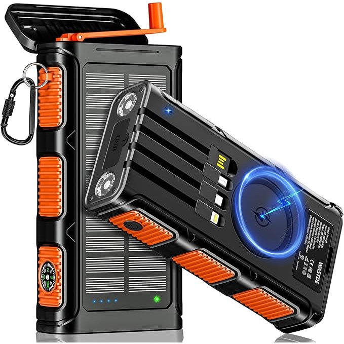 Baterie externa wireless solara, 26800 mAh, Power Bank cu incarcare wireless QI, cu manivela si 4 cabluri, lanterna 3 moduri LED, busola incorporata, carabina, baterie externa pentru camping si drumetii