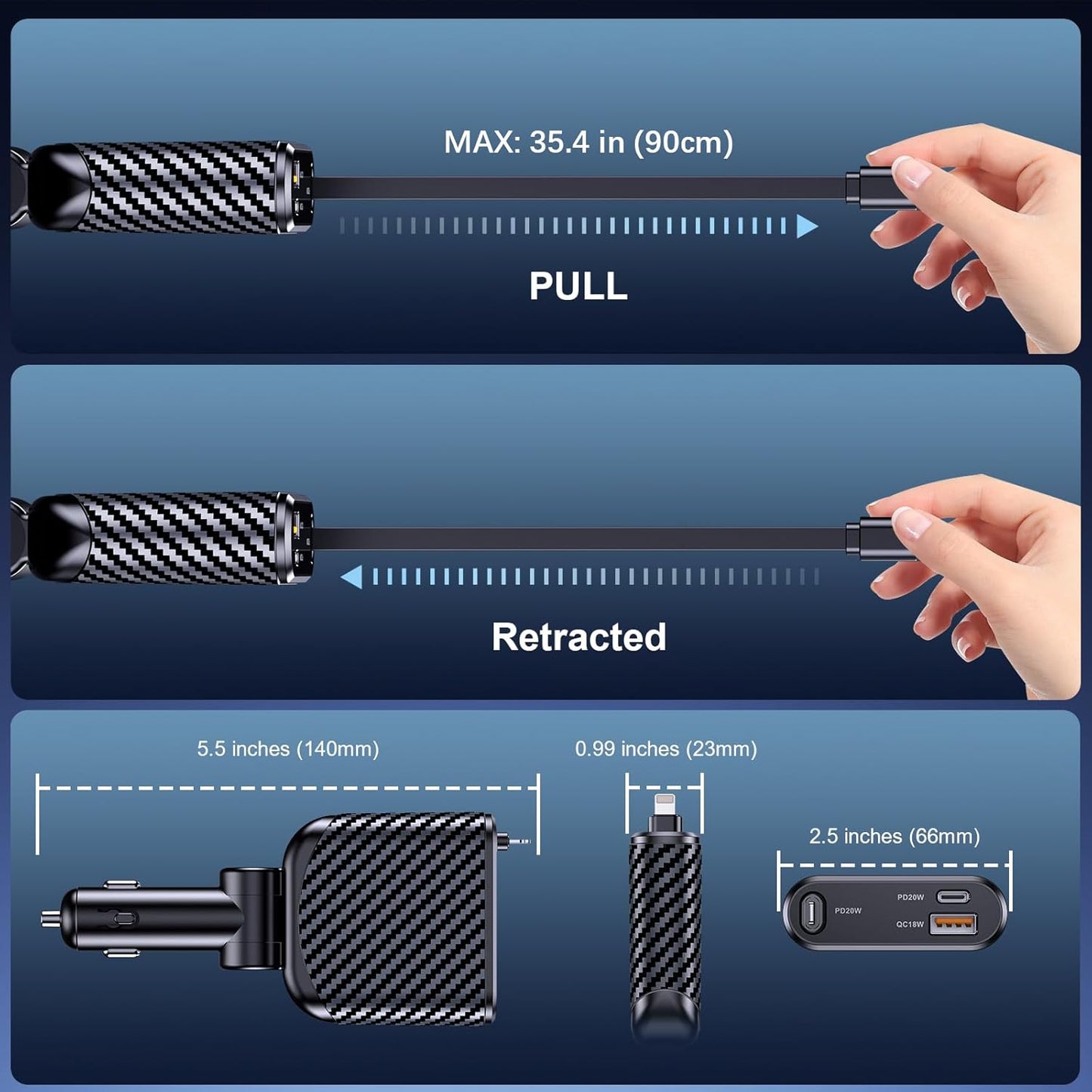 Incarcator auto 3 in 1 fast charge 58W cu cablu Lightning retractabil de 90 cm, port USB-C si port USB-A, iPhone 16, 15, 14, 13 Pro