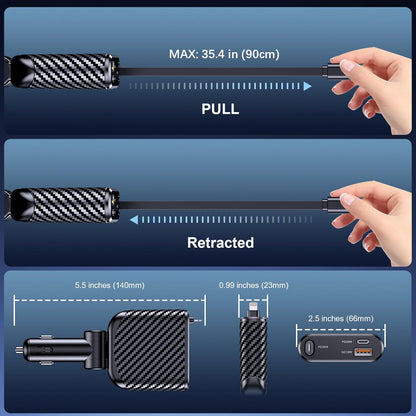 Incarcator auto 3 in 1 fast charge 58W cu cablu Lightning retractabil de 90 cm, port USB-C si port USB-A, iPhone 16, 15, 14, 13 Pro