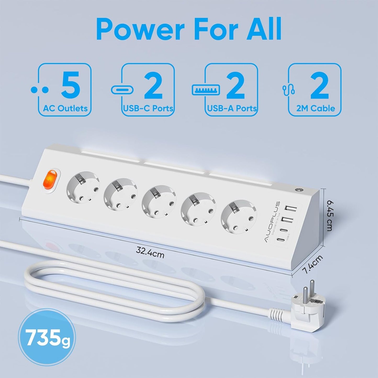 Prelungitor pentru perete/colt 3680 W/16 A, 5 prize, 2 porturi USB-A, 2 porturi USB-C, lumina de noapte reglabila, cablu de 2 m, cu protectie la supratensiune