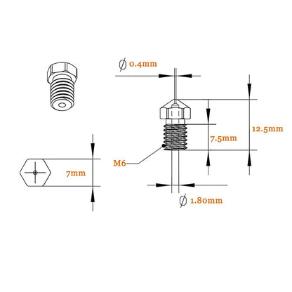 Set duze imprimanta 3D, 30 bucati, 0,2 mm; 0,3 mm; 0,4 mm; 0,6 mm; 0,8 mm; 1,0 mm, din alama, filet M6, pentru filament 1.75 mm, cu tije de curatare, pentru hotend V5, V6