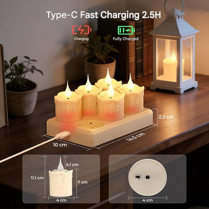 Lumanari LED reincarcabile set 6 buc, 200H autonomie, telecomanda, statie incarcare USB-C, timer 2/4/6/8H, flacara palpaitoare, lumina alb cald reglabila, decorative pentru nunta, petreceri, dormitor si sufragerie