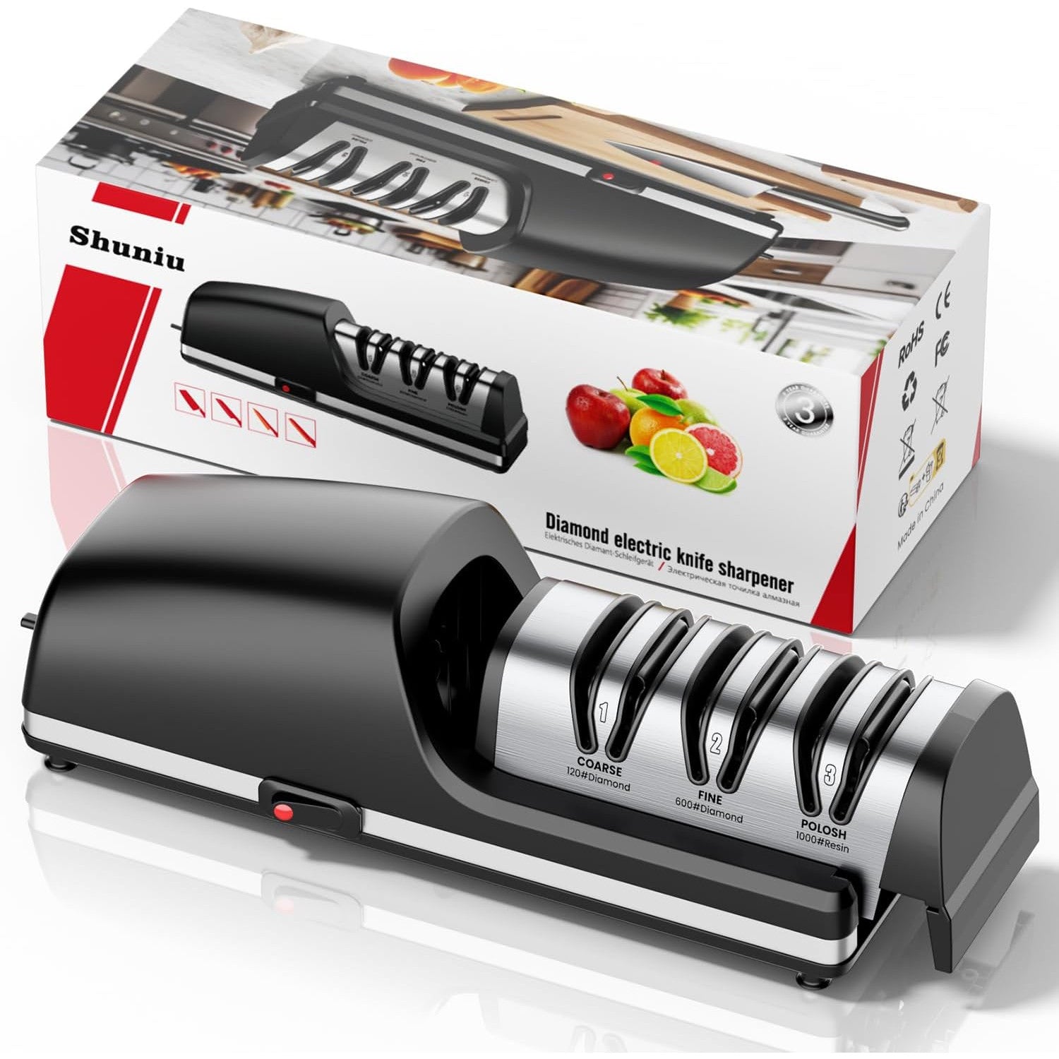 Ascutitor de cutite electric profesional cu disc abraziv din diamant, ascutire rapida, cu 3 caneluri grosier, mediu si fin, ghidaj precis al unghiului, cu compartiment magnetic pentru ramasite