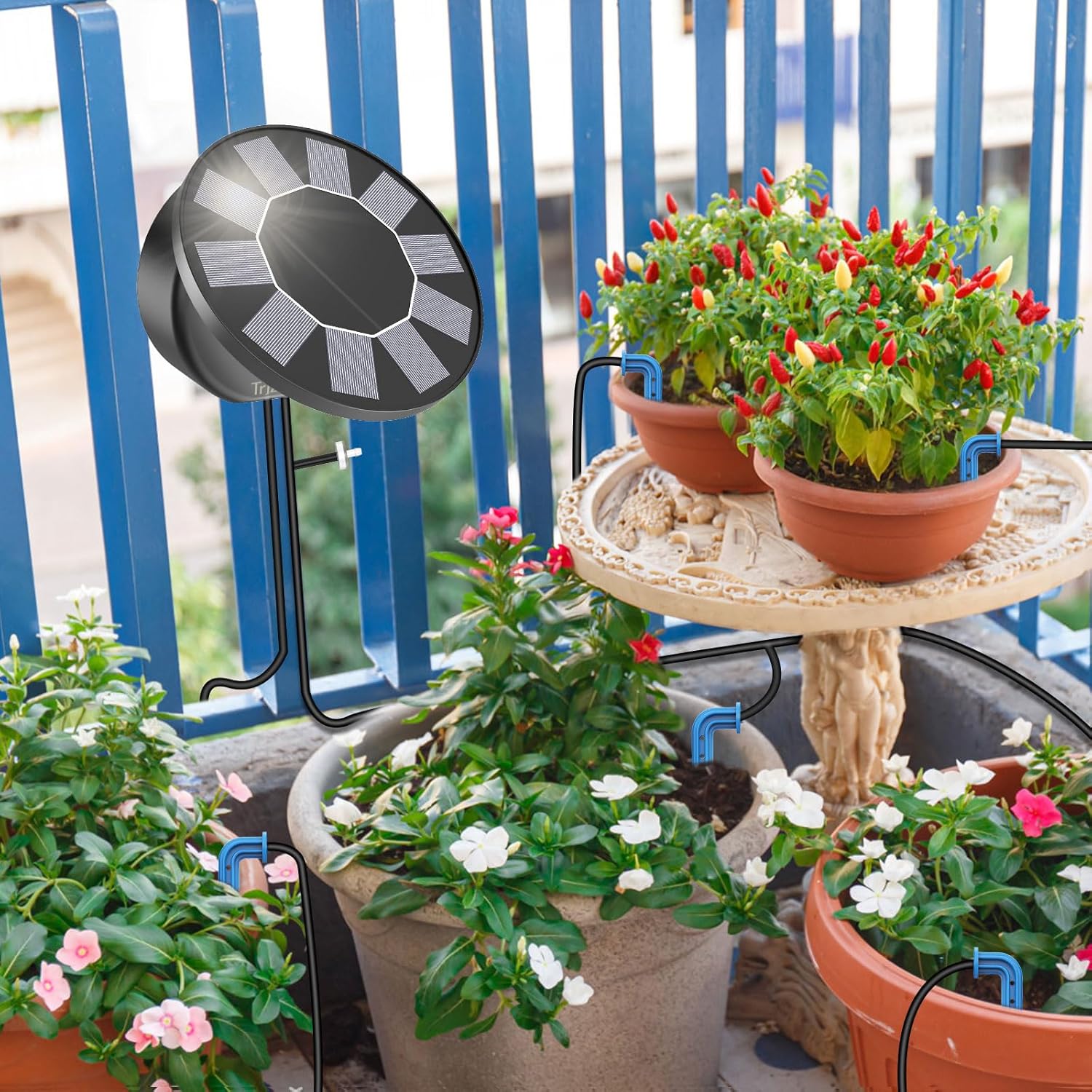 Sistem de irigatii solare automat pentru gradina, balcon si terasa, picurare 10 m, 9 programe de udare, panou solar reglabil cu baterie 1500 mAh, temporizator integrat, economisire apa si usor de instalare