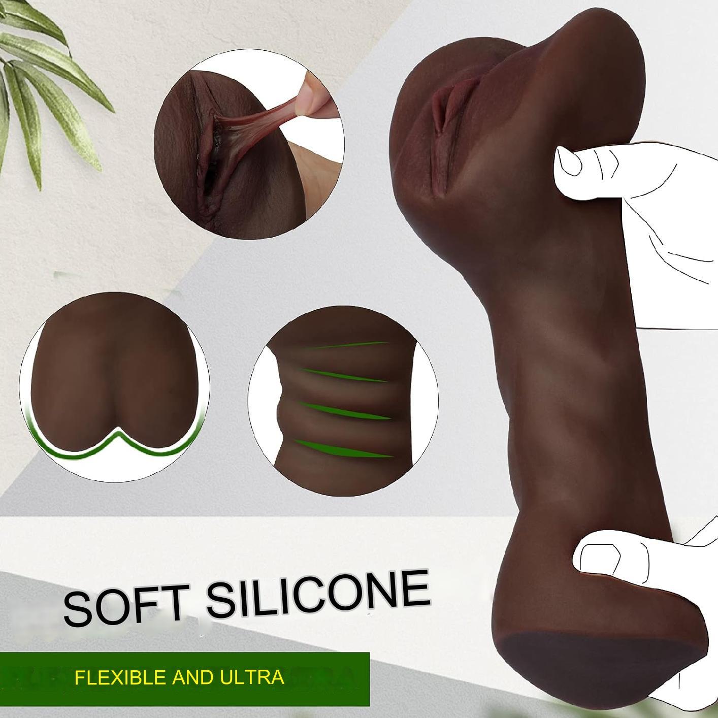 Masturbator realist, jucarie sexuala cu textura interioara stimulativa, tip vagin si anus, culoare ciocolata neagra