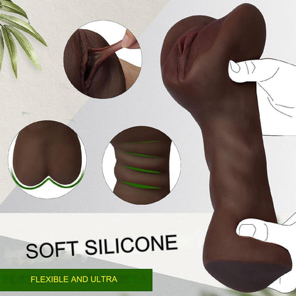 Masturbator realist, jucarie sexuala cu textura interioara stimulativa, tip vagin si anus, culoare ciocolata neagra