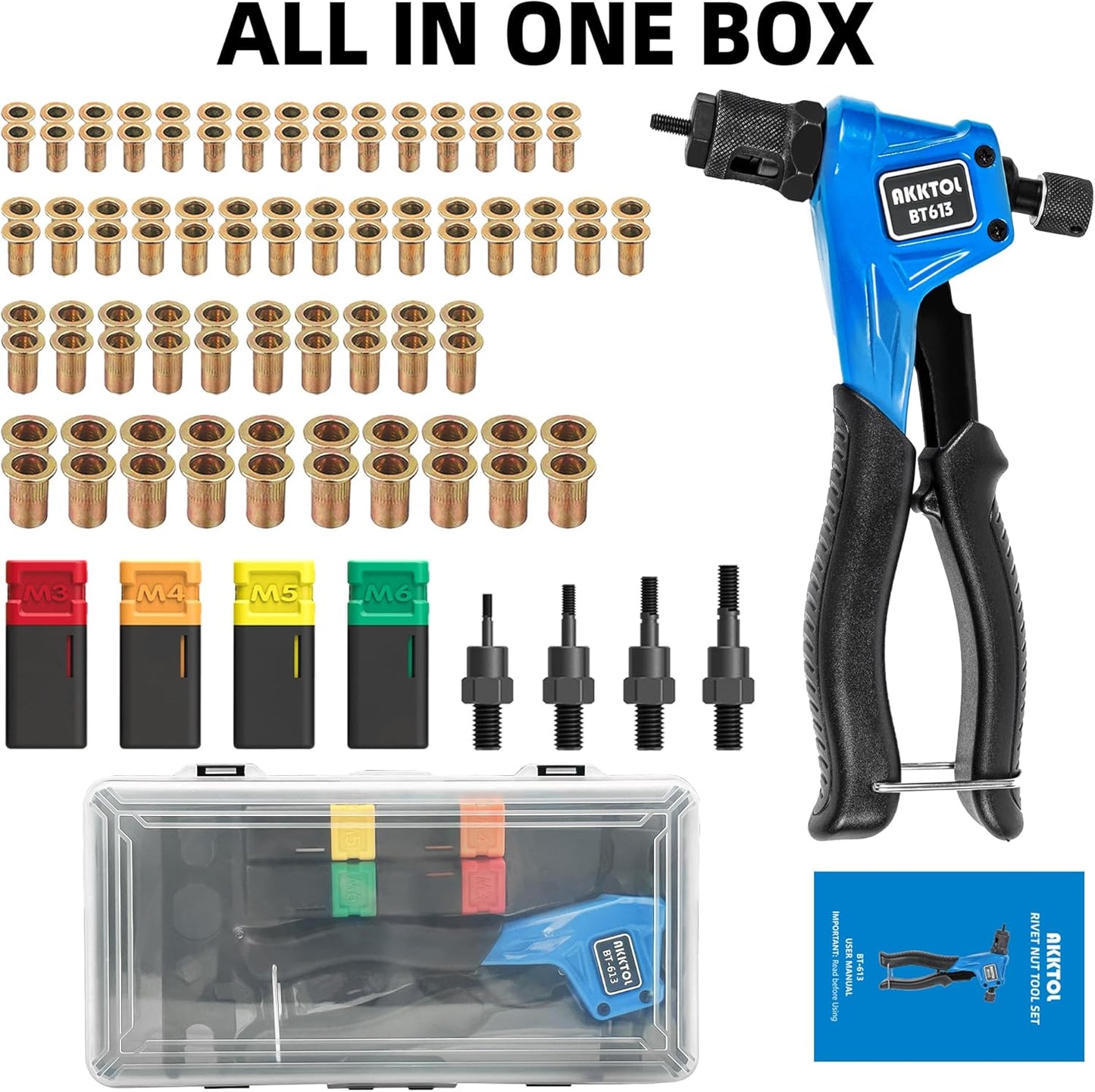 Cleste pentru piulite nituitoare AKKTOL, set complet pentru nituri filetate, 4 dornuri M3/M4/M5/M6 si 100 piulite incluse, cleste din otel aliat cu maner ergonomic antialunecare, geanta transport, pentru metal, tabla, mobilier si bricolaj