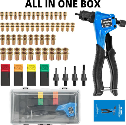 Cleste pentru piulite nituitoare AKKTOL, set complet pentru nituri filetate, 4 dornuri M3/M4/M5/M6 si 100 piulite incluse, cleste din otel aliat cu maner ergonomic antialunecare, geanta transport, pentru metal, tabla, mobilier si bricolaj