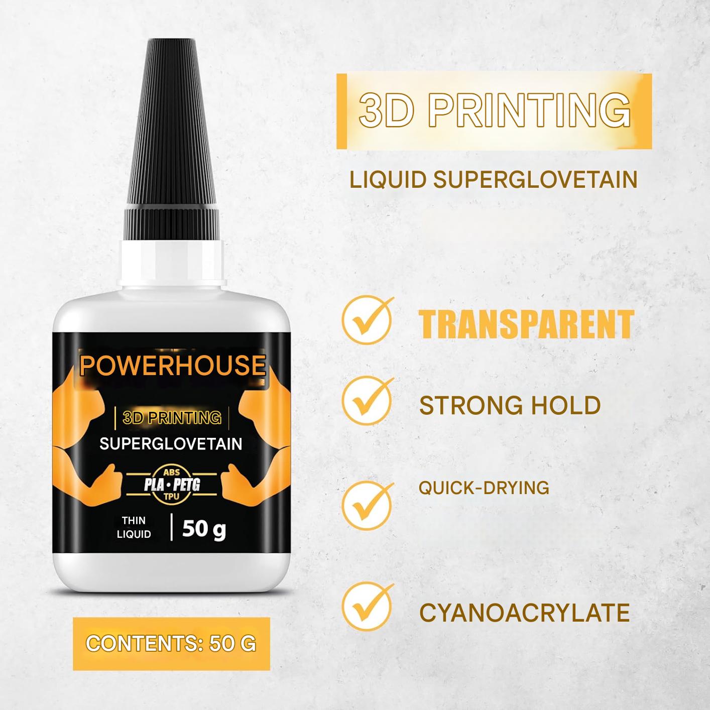 Lipici Super Glue lichid extra puternic Kraftprotz pentru imprimare 3D – 50 g, XXL, transparent, rezistent la caldura si impermeabil, varf anti-uscare, compatibil cu PLA, ABS, PETG, TPU si accesorii 3D