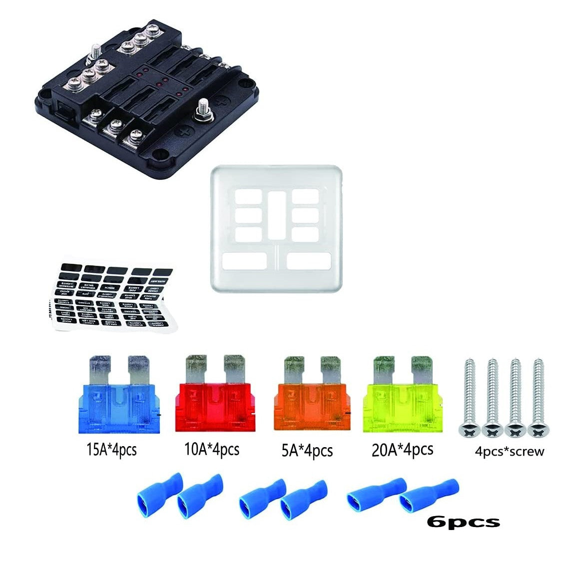Set panou sigurante auto cu 6 iesiri, 12 V, cu sigurante 5A 10A 15A 20A cu indicator LED si capac de protectie, pentru masina, rulota, barca, autoutilitara, camion
