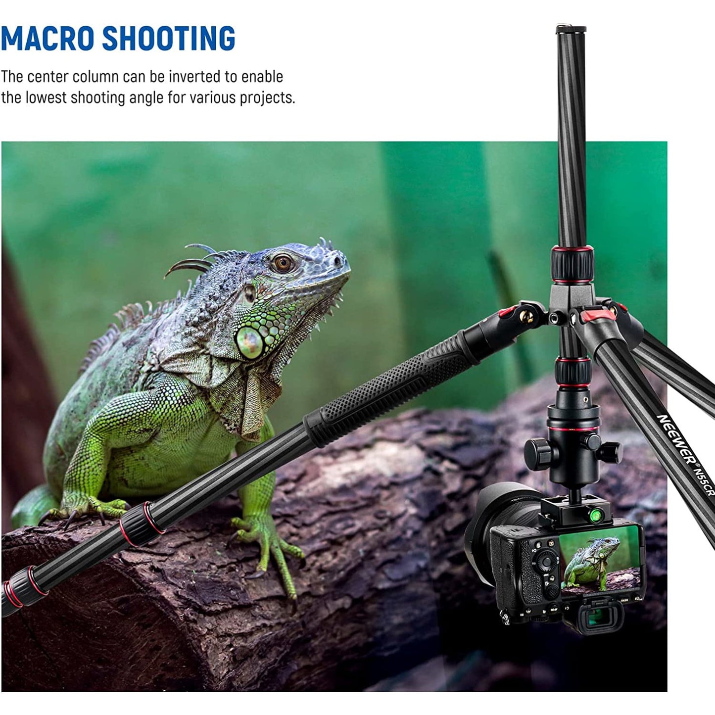 Trepied 2 in 1 monopied din fibra de carbon de 205 cm, cu cap bila 360° cu patina quick release tip arca 6,35 mm, inaltime reglabila 68 cm - 205 cm, greutate maxima suportata 12 kg, Neewer N55 CR