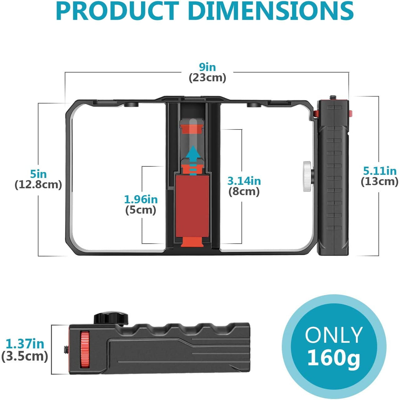 Cadru video rig pentru smartphone cu filet 1/4, utilizare orizontala sau verticala, montare trepied, din Aluminiu prelucrat CNC, pentru iPhone 11 Pro, 11 Pro Max, X, Xs, Huawei, Samsung