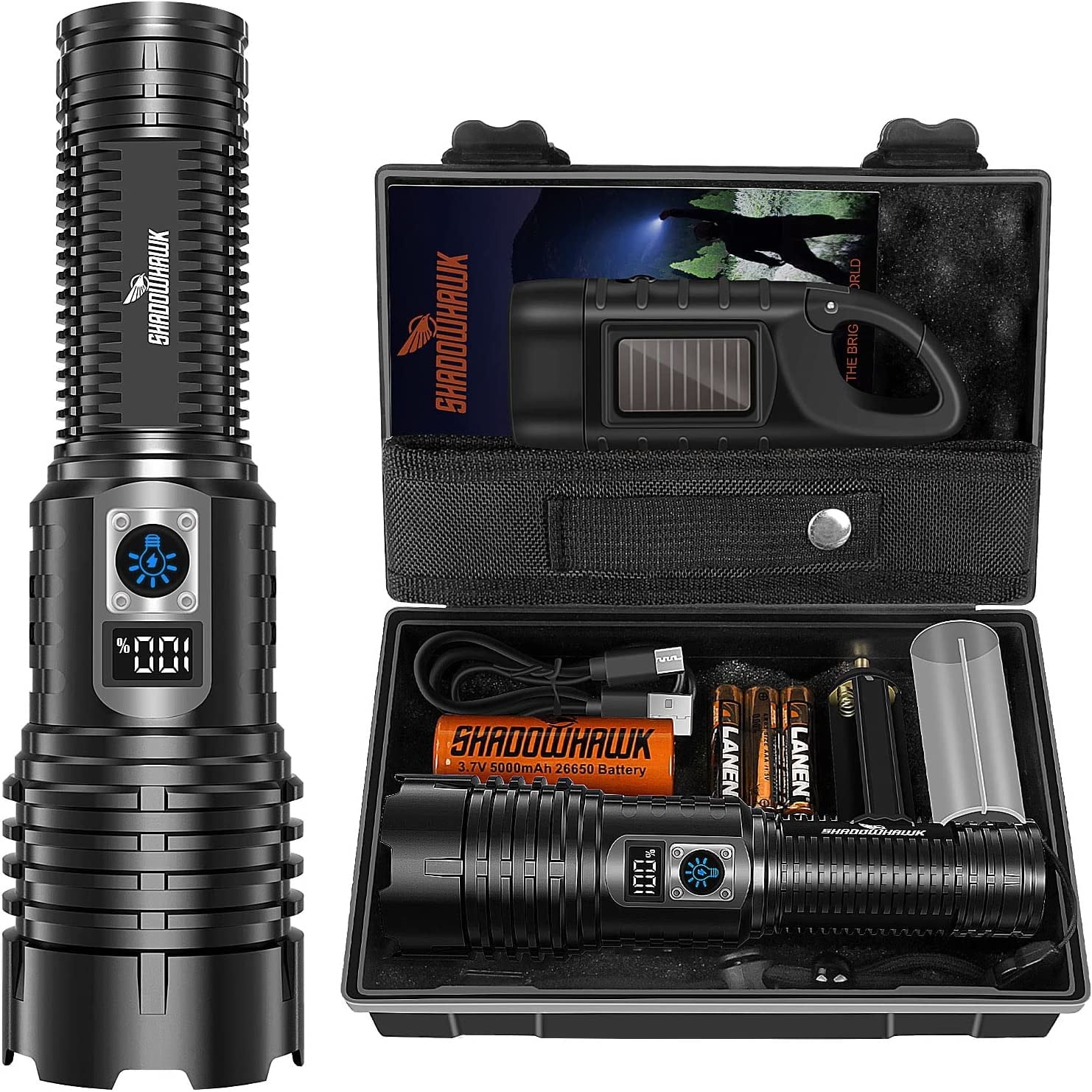 Set lanterna tactica LED, 20.000 lumeni, baterie 5000 mAh, cu functie powerbank si lanterna de urgenta cu panou solar si manivela, pentru urgente, camping, calatorie