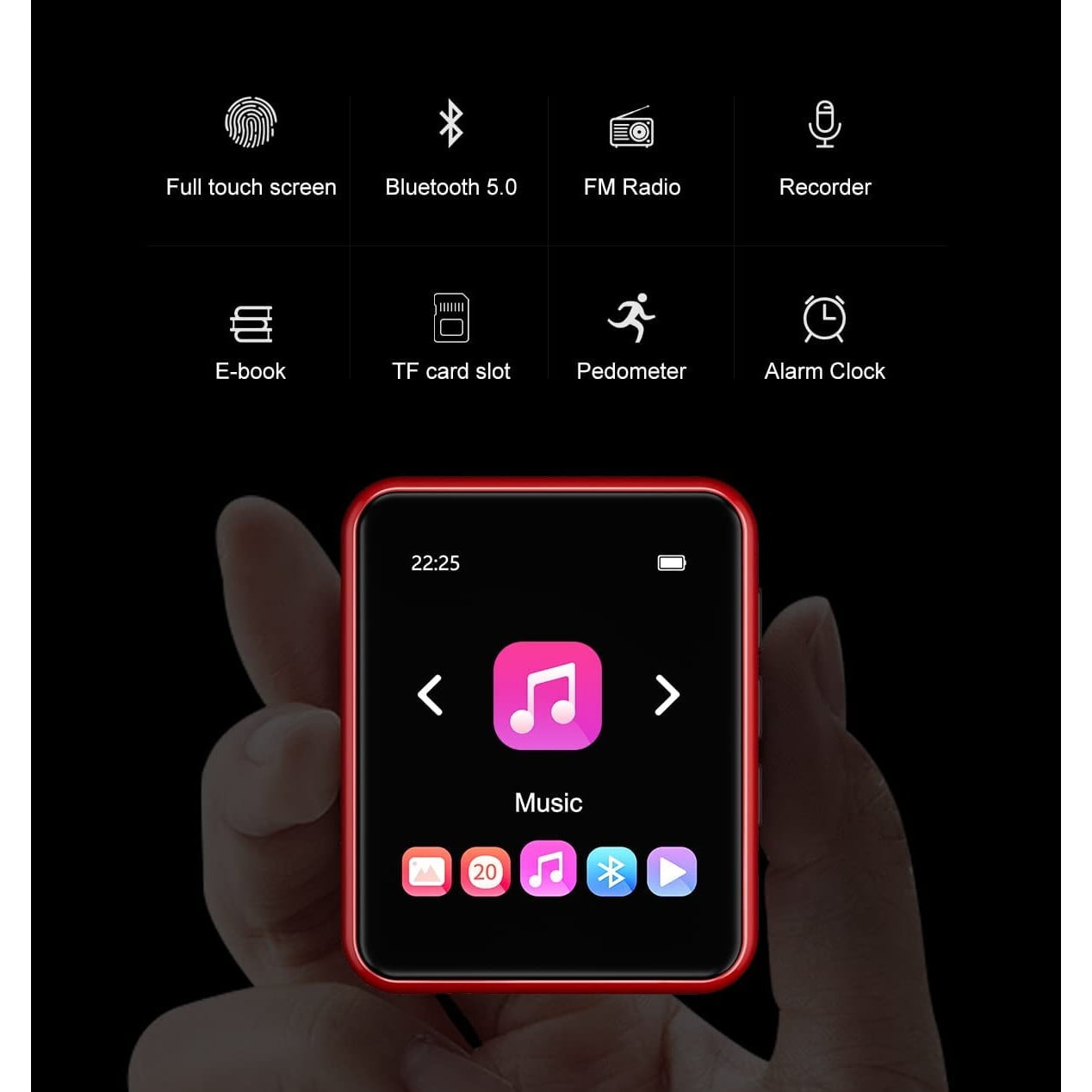 MP3 Player 32 Gb cu Bluetooth 5.0, sunet HiFi fara pierderi, cu difuzor integrat, Radio FM, inregistrare voce, touchscreen de 1,8 inch, accepta card de pana la 128 Gb, rosu