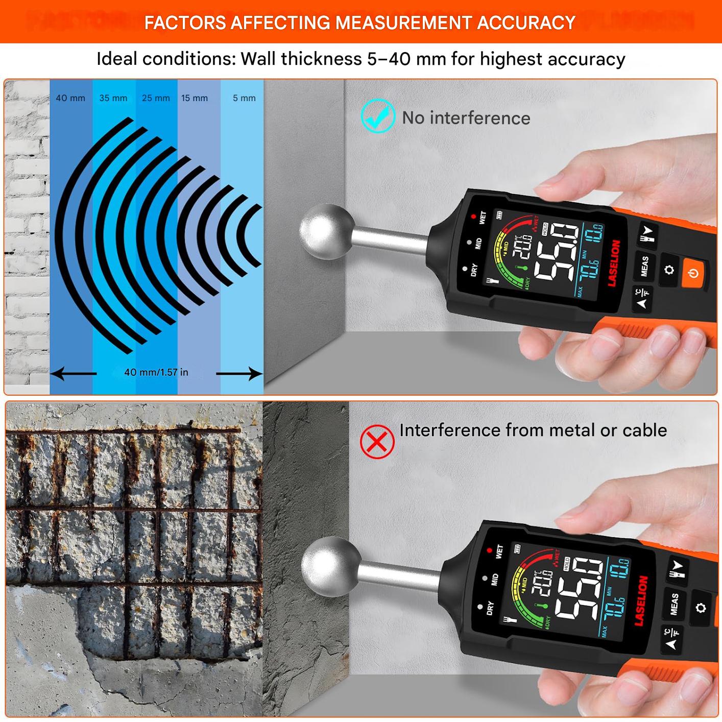 Umidometru, detector de umiditate digital cu ecran LCD, alerta sonora si lanterna LED, 5-40 mm adancime detectare, cu baterii, pentru perete, zidarie, lemn, tencuiala