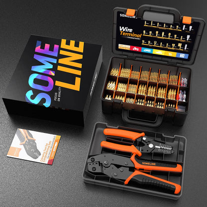 Set cleste de sertizare pini conectori cu 370 terminale conductori 0,25 - 2,5 mm², 20 de tipuri conectori spada, mama-tata cu mansoane de protectie si cleste de dezizolat