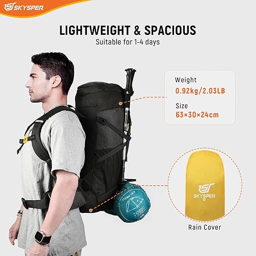 Rucsac de drumetie 50 litri, impermeabil, cu husa anti ploaie, compartiment pentru sac de dormit, spate respirabil, cu centura de talie, pentru trekking, camping, excursii