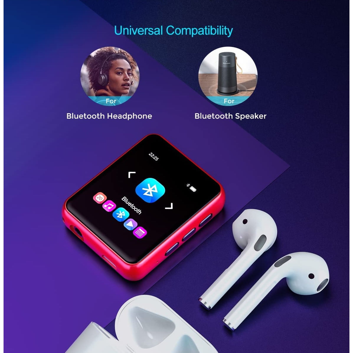 MP3 Player 32 Gb cu Bluetooth 5.0, sunet HiFi fara pierderi, cu difuzor integrat, Radio FM, inregistrare voce, touchscreen de 1,8 inch, accepta card de pana la 128 Gb, rosu