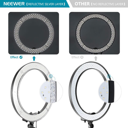 Set lampa circulara LED ring light 18 inch 55W 5500K, dimabil 1-100% cu trepied reglabil, filtre de culoare portocaliu si alb, suport telefon, adaptor cap trepied, telecomanda Bluetooth