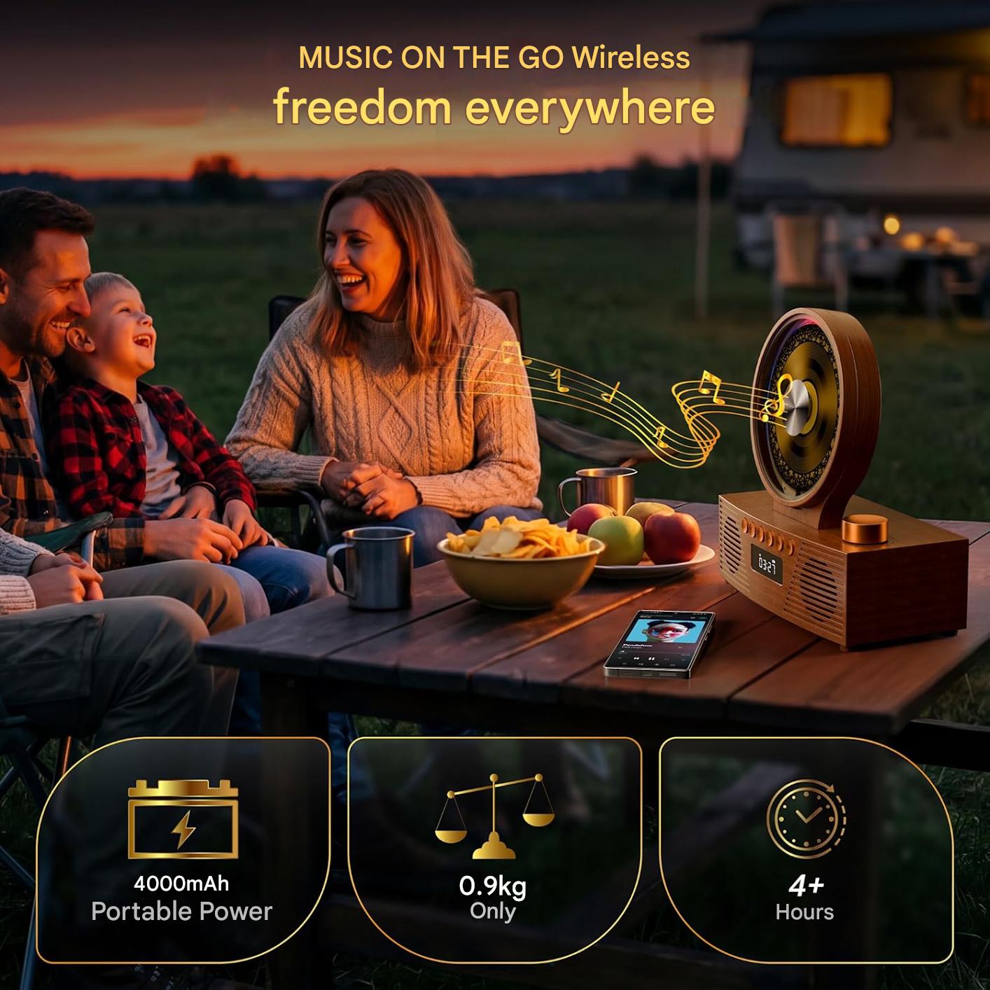 CD player portabil ROADOM Bluetooth 5.3, difuzoare duale Hi-Fi, baterie 4000 mAh, 6 in 1 CD, USB, TF, FM, AUX, lumina RGB, telecomanda, design retro vintage din lemn, maro