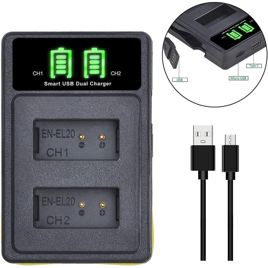 Set 2 acumulatori EN-EL20 EN-EL20 1200 mAh PowerTrust cu incarcator cu display LCD pentru Nikon EN EL20, Coolpix A 1 AW1, 1 J1, 1 J2, 1 J3, 1 S1, 1 V3
