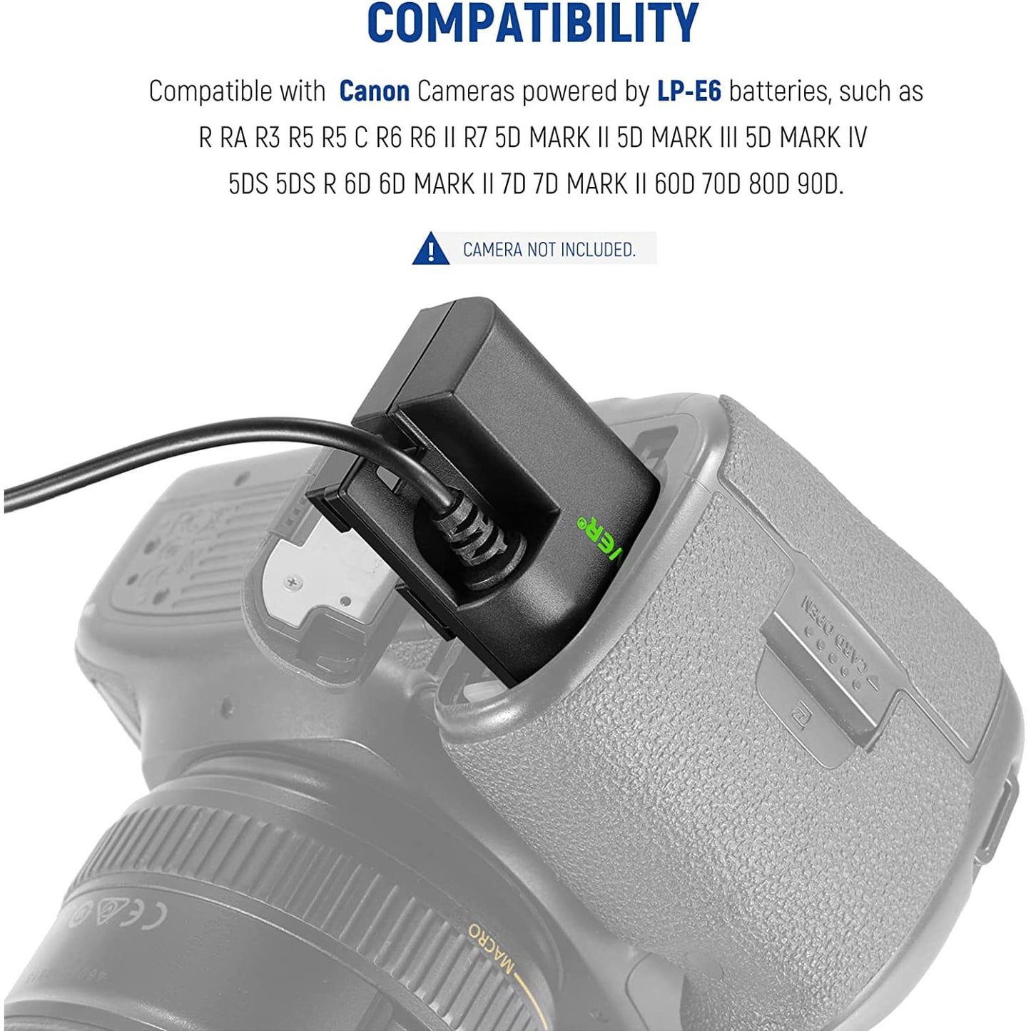 Baterie Dummy pentru LP-E6 LP-E6N LP-E6NH cu mufa si adaptor de alimentare, acumulator fals compatibil cu Canon EOS R Ra R3 R5 R5C R6 R6II R7 5D 6D 7D Mark II/III/IV 5DS 5DSR
