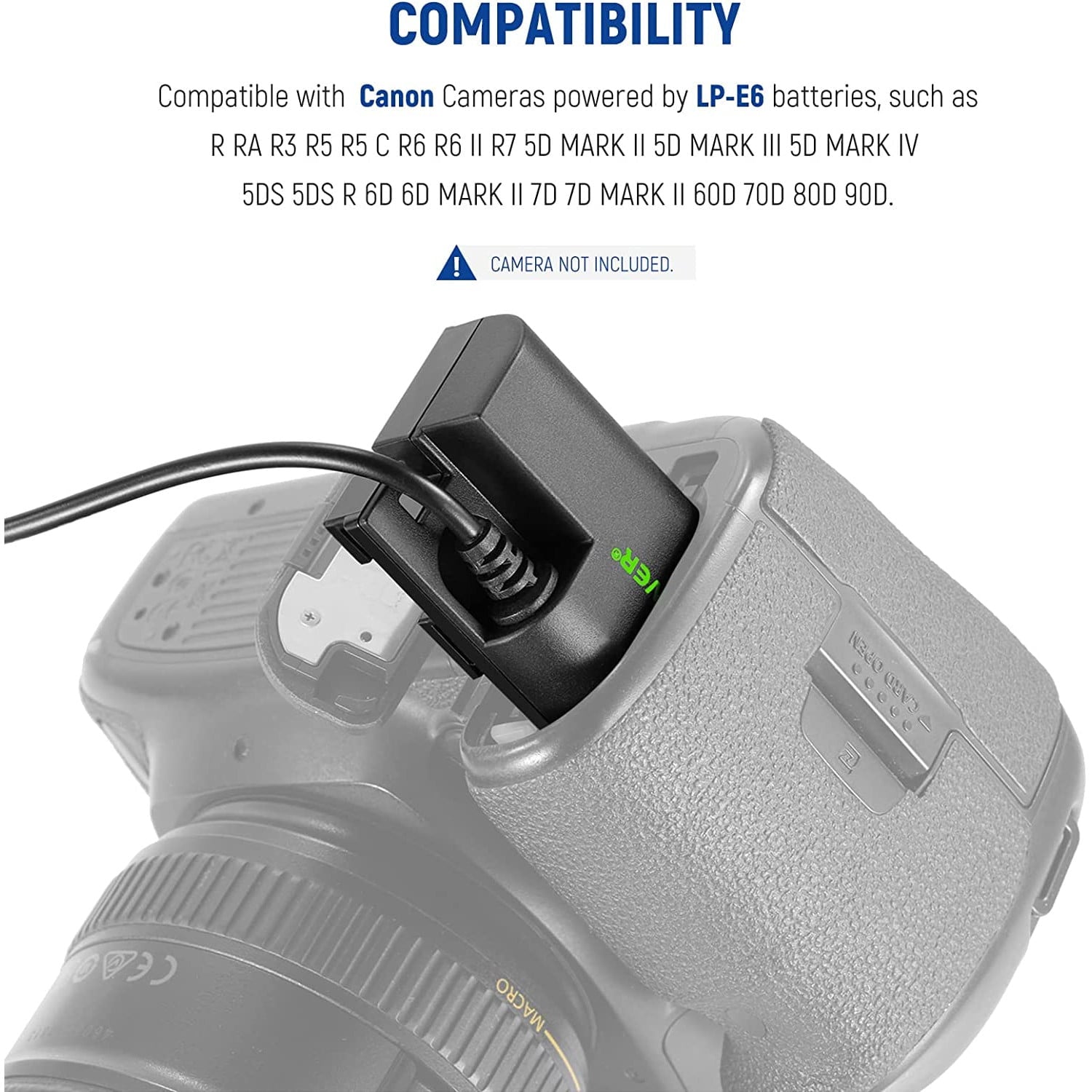 Baterie Dummy pentru LP-E6 LP-E6N LP-E6NH cu mufa si adaptor de alimentare, acumulator fals compatibil cu Canon EOS R Ra R3 R5 R5C R6 R6II R7 5D 6D 7D Mark II/III/IV 5DS 5DSR
