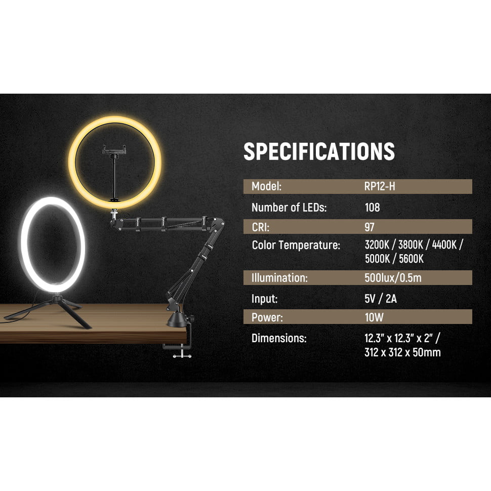 Ring Light LED cu trepied si brat cu menghina,Lampa circulara cu suport smartphone, telecomanda, montura cap tip bila, adaptor de la 5/8" la 3/8" si adaptor de la 1/4" la 5/8", pentru machiaj, vlog, streaming, inregistrare video