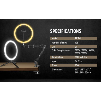 Ring Light LED cu trepied si brat cu menghina,Lampa circulara cu suport smartphone, telecomanda, montura cap tip bila, adaptor de la 5/8" la 3/8" si adaptor de la 1/4" la 5/8", pentru machiaj, vlog, streaming, inregistrare video