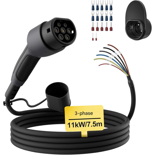 Cablu de incarcare pentru vehicule electrice Tip 2 IEC 62196-2, 11 kW, 16A, trifazat, 7.5 m, capat deschis pentru statie/Wallbox, IP55, Certificat CE & DEKRA, compatibil EV/PHEV
