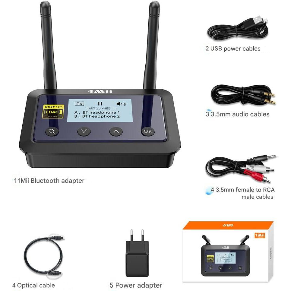 Adaptor Bluetooth 3 in 1 1Mii B03Pro+ pentru TV si HiFi, emitator-receptor LDAC / AptX HD, ecran LCD 1,7”, RCA / Optic / AUX 3,5 mm, latenta redusa, raza lunga de actiune 80 m