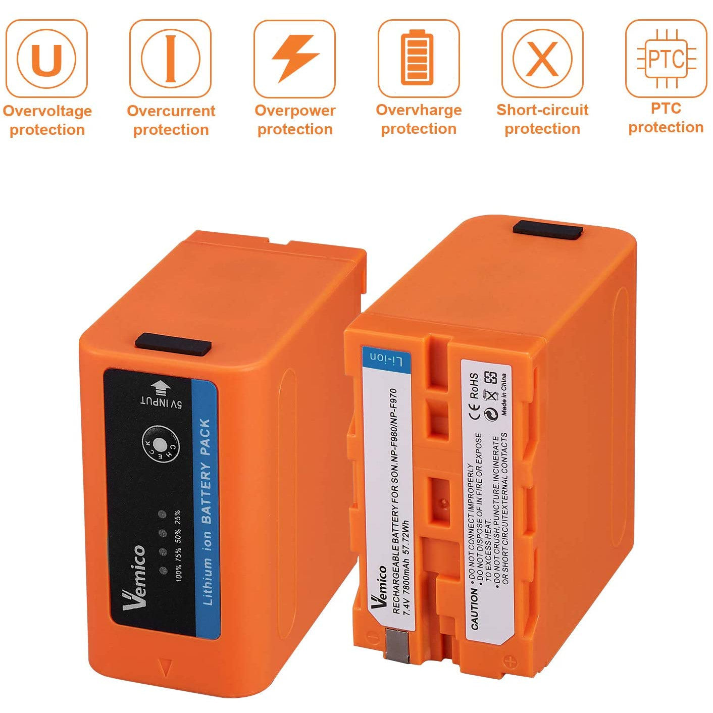 Set 2 acumulatori NP-F980, 7800 mAh, powerbank cu indicator LED, Micro USB, compatibil cu Sony NP F960/F980/F750/F550/F570/F530/F770/F930/F950