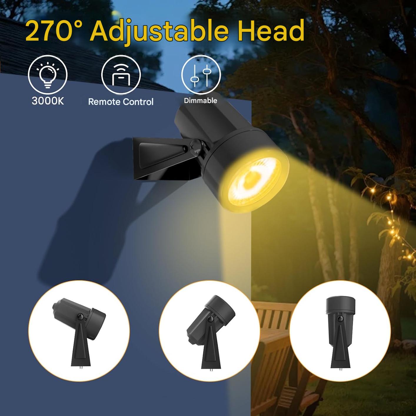Set 10 proiectoare LED pentru gradina, 35 m, 3W/buc, lumina alb cald 3000K, reglare intensitate luminoasa din telecomanda 0–100%, temporizator 4/6/8h, IP65, 27V, alimentare la retea, negru