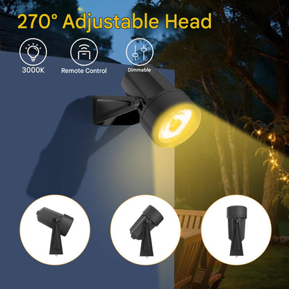 Set 10 proiectoare LED pentru gradina, 35 m, 3W/buc, lumina alb cald 3000K, reglare intensitate luminoasa din telecomanda 0–100%, temporizator 4/6/8h, IP65, 27V, alimentare la retea, negru